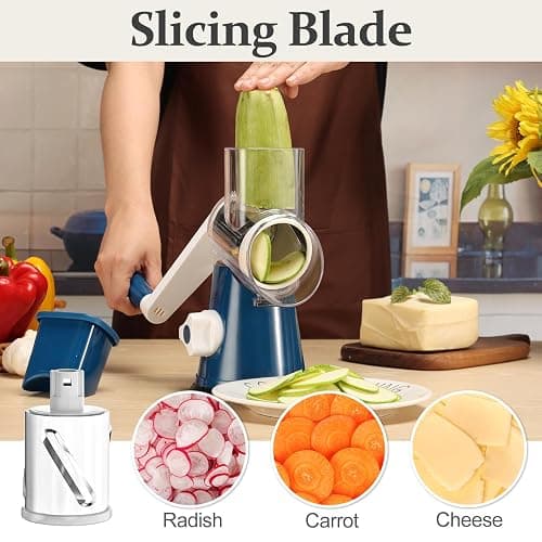 Cambom Rotary Cheese Grater Hand Crank Cheese Shredder for Fresh Cheese, Vegetable, Nuts, Non-slip Suction Base,Five Blades, Deep Blue thumbnail 7