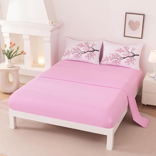 Suncloris Red Cherry Blossom Comforter Set Queen, 5pc Sakura Floral Bedding Set, Includes Lightweight Quilt, 2 Pillowcases, Flat & Fitted Sheet, Microfiber Bedding for Girls Teens (Red (5pcs), Queen) thumbnail 5