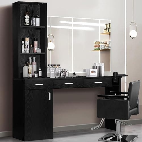4ever2buy Barber Station for Hair Stylist, Salon Wall Station with Barber Cabinet, Hair Stations Equipment Hair Dryer Holder, Drawers, Wall Mount Barber Beauty Station, Mirror not Included, Black - Image 1