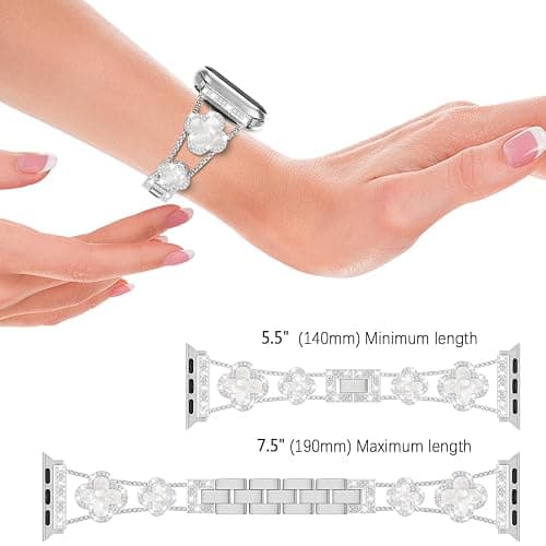 Sixmoat Bands Compatible with Apple Watch Band for Women 38mm 40mm 41mm 42mm 44mm 45mm 46mm 49mm, Bling Bracelet Designer Dressy Clover for iWatch Band Series SE Ultra 11 10 9 8 7 6 5 4 3 (Silver) thumbnail 4