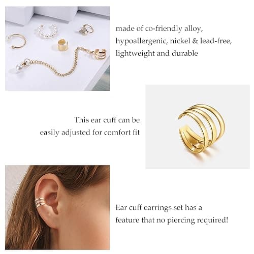 FINREZIO 64PCS Ear Cuff Earrings for Women, Non Piercing Clip On Wrap Cartilage Earrings Helix Ear Cartilage Ear Cuffs, Ear Clip Fake Earrings Adjustable thumbnail 2