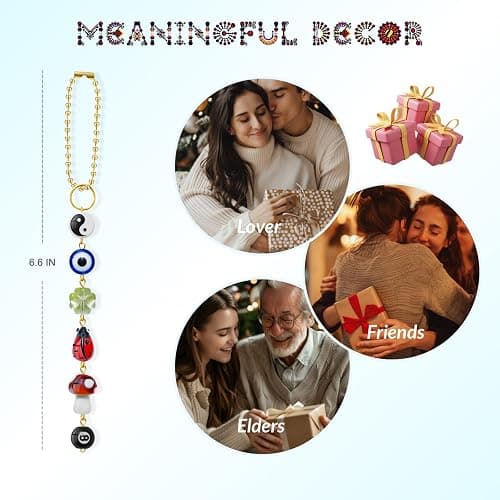 Toejut Evil Eye Car Hanging Ornament, Cute Car Charm for Rear View Mirror, Good Luck Decor with Four-Leaf Clover, Ladybug, 8 Ball, Mushroom, Yin Yang Symbo, and Boho Car Accessories thumbnail 6