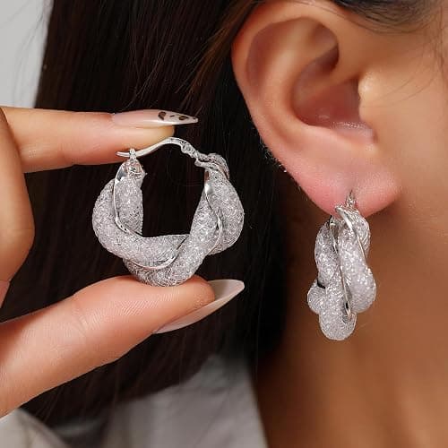 SayovatBek 14K Gold Plated 25–33mm Mesh Hoop Earrings for Women, Cubic Zirconia, 925 Sterling Silver Post, Hypoallergenic Jewelry thumbnail 2