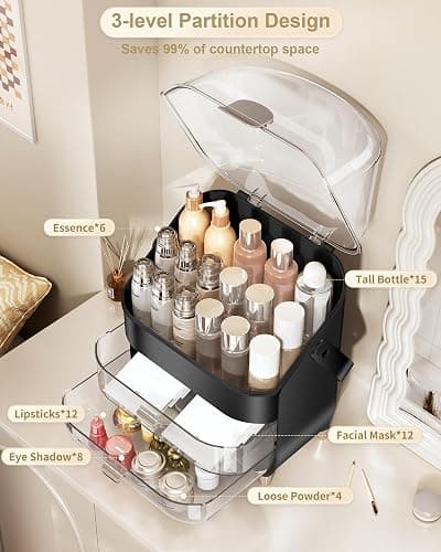 Makeup Organizer Countertop, Skincare Holder Bathroom Counter Organizer, Storage Box Cosmetic Display Cases, Teen Girl Gifts Make up Organizers for Vanity, Dresser (Black) thumbnail 3