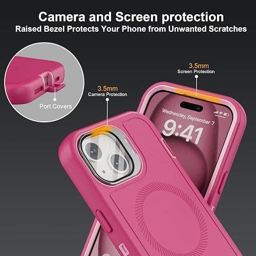 Follaroma for iPhone 15 Case with Stand & Built-in Camera Cover, MagSafe Compatible, Heavy-Duty Shockproof Protection, Magnetic & Rugged Phone Cover for iPhone 15 6.1'', Hot-Pink thumbnail 7
