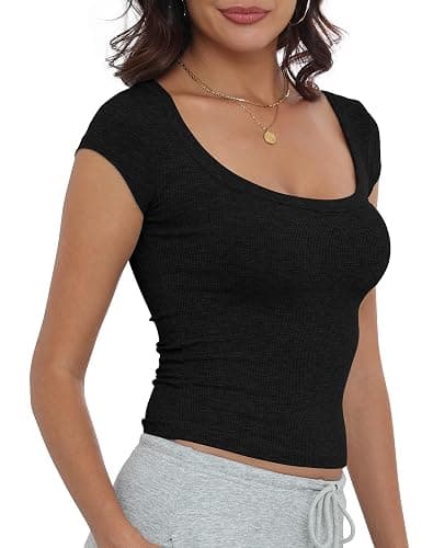Artfish Women's Short Sleeve T-Shirts Low Scoop Neck Slim Fitted Ribbed Knit Casual Longer Crop Top thumbnail 2