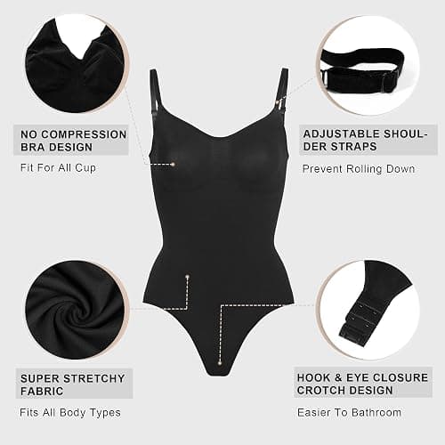 YIANNA Women's Shapewear Tummy Control Seamless Bodysuit Thong Body Shaper | Waist Shaping Faja Body Suit, High Stretch Compression Garment, Hook and Eye Crotch, for Invisible Under Dresses & Daily Wear thumbnail 4