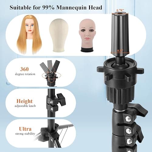 LFIYSWYD Wig Stand Tripod Mannequin Head Stand, Adjustable Holder for Cosmetology Hairdressing Training with Comb, Hair Clip thumbnail 4