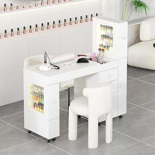 Manicure Table for Nail Tech w/ LED Light Display Cabinet, Nail Desk with Lockable Wheels, Dust Collector, Drawers, Wrist Rest, Acetone-Resistant, for Beauty Salon, Spa & Home Workstation (White) thumbnail 9