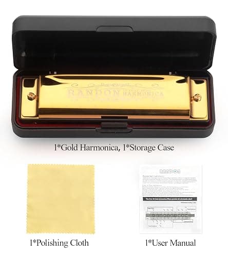 Randon Golden Harmonica Key of C with Case, 10 Holes 20 Tones Diatonic Harmonicas Mouth Organ, Blues Harmonica for Adults/Kids/Professional Players/Beginners, Vintage Style Harmonica, as a Gift thumbnail 6