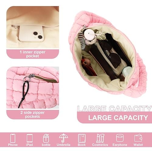Quilted Puffer Tote Bag Purse Puffy Crossbody Shoulder Bag,Lightweight Nylon Hobo Bag Puffer Carryall Bag for Women Girl thumbnail 4