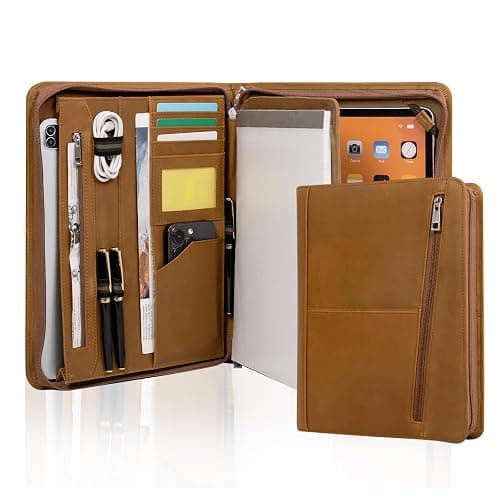 AZXCG Leather Portfolio Organizer for Men, Professional Padfolio Folio with A4/Legal Pad Holder, Business Resume Zippered Portfolio, Tablet Case for iPad Pro 12.9", Gift for Women/Men, Brown - Image 1