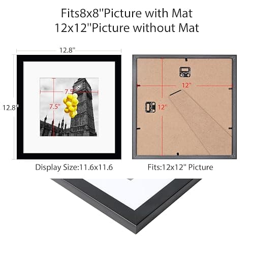 BSRHOME 12x12 Picture Frame Set of 9, Display Pictures 8x8 with Mat or 12x12 without Mat, Multi Collage Gallery Square Photo Frames for Wall or Tabletop, Black - Black - 12x12 thumbnail 3