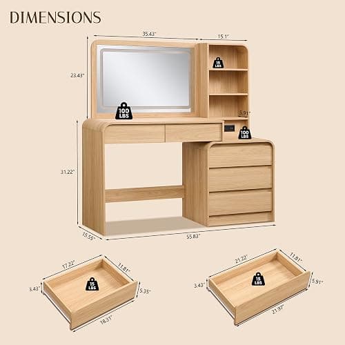 wow97e 50" Makeup Vanity Desk with 35.43" Mirror and Lights, Large 5 Drawers Makeup Table with Adjustable Shelves and Charging Station, 3 Lighting Modes for Women and Girls, Bedroom or Dorm, Natural thumbnail 2