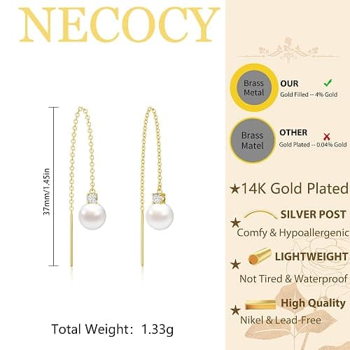 NECOCY Christmas Gift 14K Gold/Silver Plated Dangle Earrings for Women Dainty Long Hanging Chain Earrings Trendy Dangling CZ/Pearl Threader Earrings for Women Jewelry thumbnail 4
