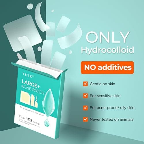 TKTK Large Pimple Patches for Face, 7 Sizes XL Acne Patches, Big Hydrocolloid Bandages for Body, Chin, Forehead, Chest, Back Zit Breakouts, Hydrocolloid Patch (Strip, Square, Dot 302 Count) thumbnail 6