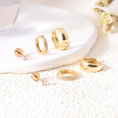 Styleeary Gold Earrings for Women, Small Chunky 14K Gold Plated Hypoallergenic Huggie Hoop Earring Sets for Multiple Piercing, Lightweight Stud Earrings,Tiny Ball CZ Cartilage Earrings Stack 3Pairs thumbnail 5