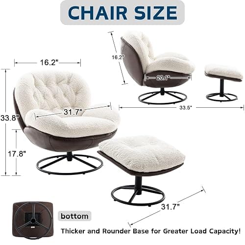ZH4YOU Swivel Sherpa Accent Chair with Ottoman, Mid Century Modern Lounge Chair with Footrest, Comfy Reading Chair with 360 Degree Metal Base for Small Space/Living Room/Bedroom, White Fur thumbnail 2