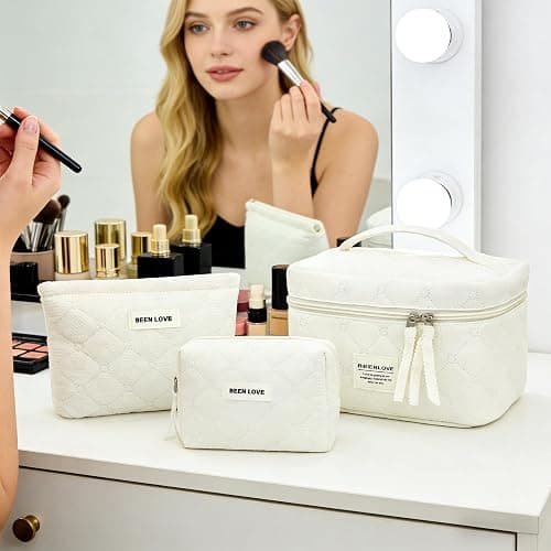 beifon 3er Set Kosmetiktasche Kulturtasche Damen mit Blumenmuster, Kulturbeutel Make Up Tasche, Tragbare Schminktasche Makeup Bag Waschtasche Groß Frauen Mädchen (Beige B) thumbnail 2