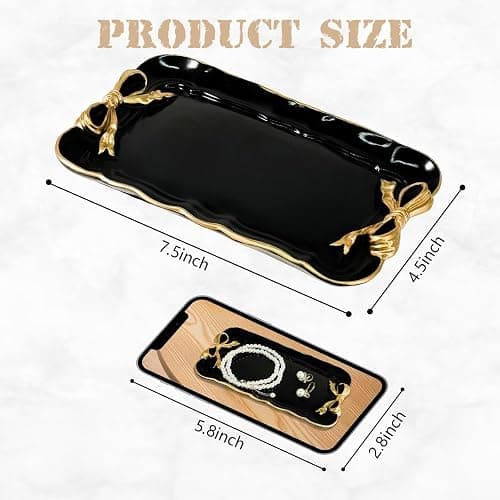 Warmtree Bow Jewelry Tray, Coquette Trinket Dish, Vanity Decor | Decorative Tray for Jewelry, Towel, Storage, Rings, Bracelets, Earrings, Cosmetics, Retro Design for Room Decor, Black thumbnail 3