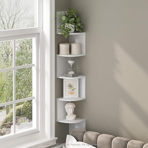 Furinno Rossi 5-Tier Floating Corner Shelf for Wall, Corner Zigzag Shelf Wall Mounted, Radial Wall Mount Shelves, for Home Office, Living Room, Bedroom, Bathroom, White - Image 1
