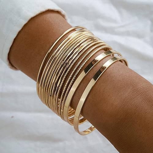 Xerling 14Pcs Golden Boho Indian Multi Bangle Bracelet Set Punk Chunky Stackable Textured Bracelets for Women Layered Cable Smooth Bracelets, Diameter: 2.6-2.7in/6.8-7cm, alloy thumbnail 2