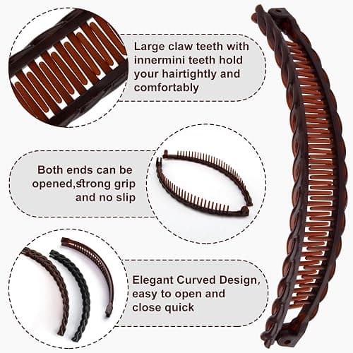 VARMDUKKE 3PCS Banana Hair Clips, 2 Styles Large Strong Hair Claw Clip with Double Combs, Classic Non-slip Hair Accessories for Women Straight Curly Long Hair - Black, Brown thumbnail 3