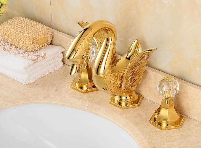 YCCUZA Widespread Bathroom Faucet Swan Design Gold Two Handles 3 Holes 8-16 Inch Bathroom Sink Faucet Lavatory Mixer Tap with Water Supply Hose Deck Mount Bathtub thumbnail 5