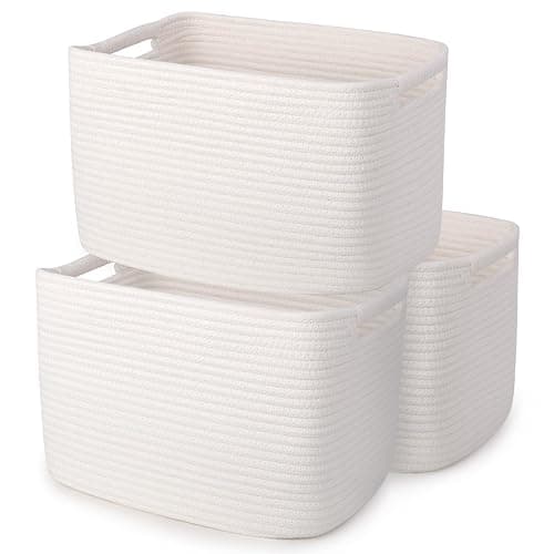 MicroIdeas Woven Rope Storage Baskets for Oragnizing, Soft Toy Bin for Kids, rectangle Cotton Baby Gift Basket for Nursery, Shelves Desk Bathroom, Set of 3 Off White - 13*9.8*9in (3 Pack) - Off White - Image 1