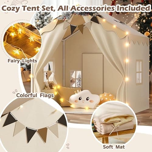 EagleStone 2-in-1 Kids Tent,Large Play Tent with Padded Mat and Lights,Kids Playhouse with 2 Doors & 4 Windows,2 Large Side Pockets,Indoor Outdoor Kid Play Tent for Toddlers,53" x40" x 51" thumbnail 6