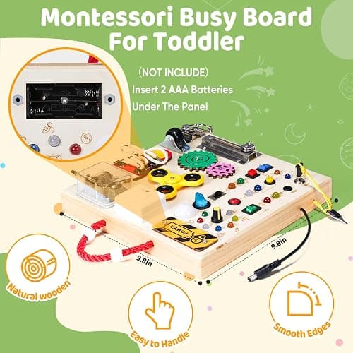 GNAYUIJ Montessori Wooden Busy Board Toys for 1 2 3 Years Old Boys Girls,Toddler Sensory Educational Fidget Board Travel Toy with LED Light Up Switches & Music Boxes, Locks for 1 to 6 Year Kids Gifts thumbnail 5
