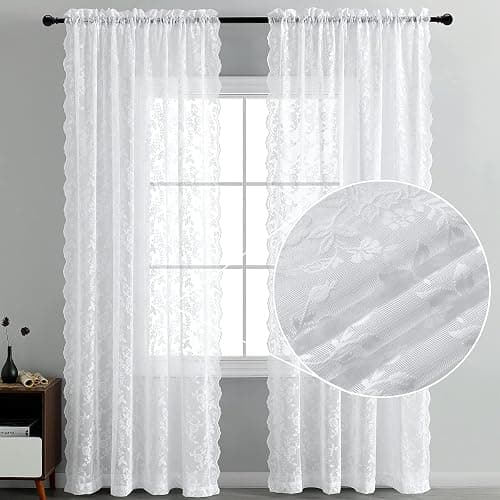 FINECITY White Lace Curtains 84 Inches Long for Living Room, Rustic Leaf Floral Window Lace Curtain Panels, Rod Pocket Vintage Privacy Sheer Lace Curtains, 42 x 84 Inch, 2 Panels, White thumbnail 3