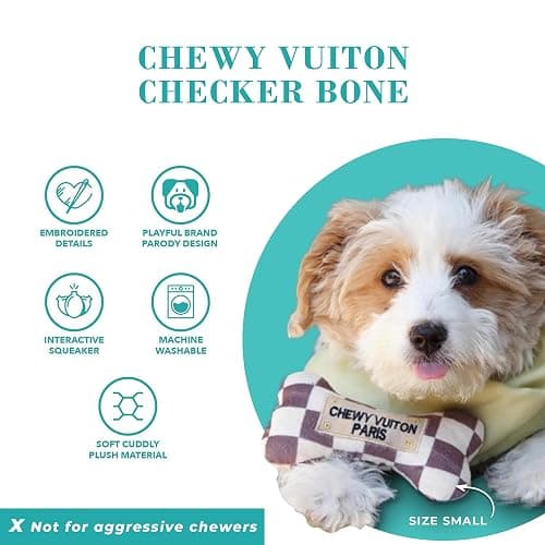 Haute Diggity Dog Checker Chewy Vuiton Bone, Plush Designer Dog Toys with Interactive Squeaker, Stimulating Pet Enrichment, Machine-Washable & Safe Materials for All Breeds, Size Small thumbnail 3