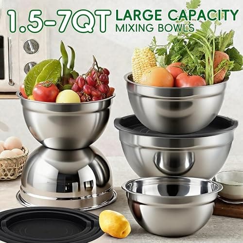 WEPSEN Mixing Bowls Set, 25PCS Stainless Steel Mixing Bowl with Lid Set, Large Nesting Bowls 7, 4.5, 3,2, 1.5QT, Measuring Cups and Spoons Baking Utensils Metal Bowl for Kitchen Prep thumbnail 3