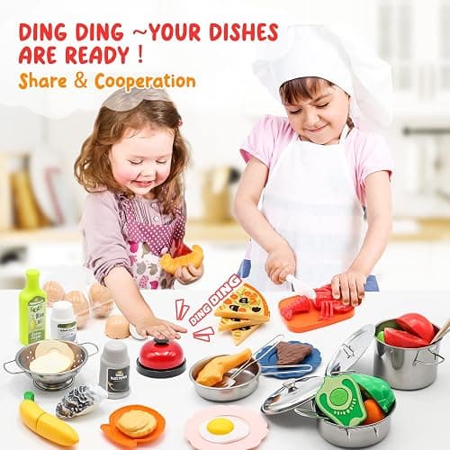 37Items 59Pcs Kids Pretend Play Kitchen Accessories Set, Stainless Steel Play Pots and Pans Sets for Kids, Cooking Utensils, Play Food Pizza Knife Kitchen Playset Toys Gift for Boys Girls Toddlers thumbnail 2