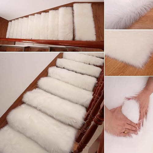 Soft Shaggy Plush Carpet Stair Treads for Wooden Steps Indoor,Non-Slip Fluffy Stair Runners Mat Staircase Rugs,Self Adhesive Stairway Grip Step Treads,Washable Stair Safety Mats Covers,Easy to Install thumbnail 2