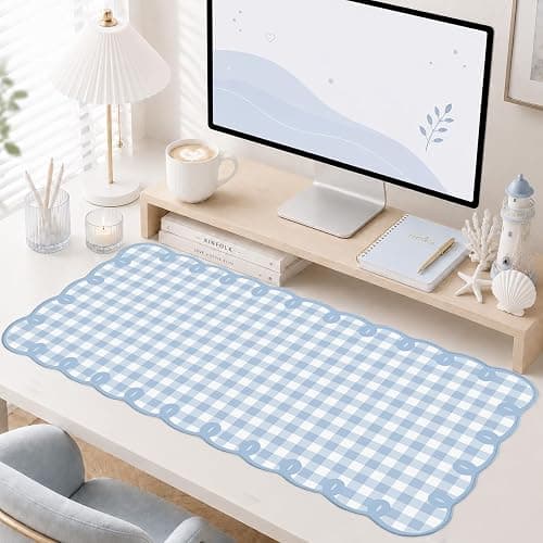 Cute Blue Scalloped Desk Mat Gingham Checkered Large Mouse Pad Kawaii Vintage Farmhouse-Inspired Cottagecore Office Desk Decor Stitched Nonslip Pad for Computer Keyboard & Mouse 31 * 15.7in thumbnail 3
