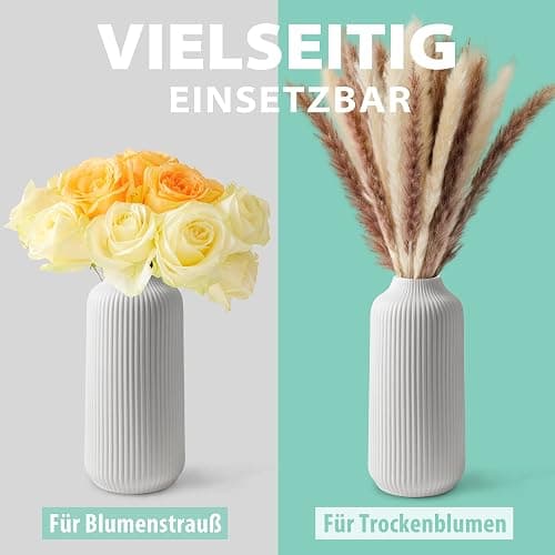 flature Keramik Vase mit Rillen - Dekovase Klein für Pampasgras als Boho Deko, kleine Blumenvase Weiß Matt 21cm hoch für Flowers, Wohnungsdeko für frische Blumen, Trockenblumen, Esstisch, Büro (Gr.M) thumbnail 4
