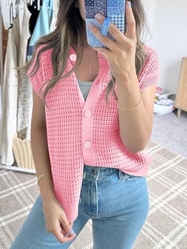 Saodimallsu Womens Short Cap Sleeve Sweater Vest Crochet Button Down Cardigans Crew Neck Summer Knit Tops thumbnail 4