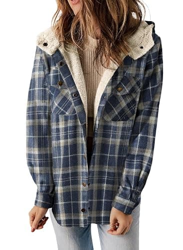 Dokotoo Womens Plaid Shacket Jacket Long Sleeve Button Down Fleece Hooded Jackets Warm Coat - Image 1
