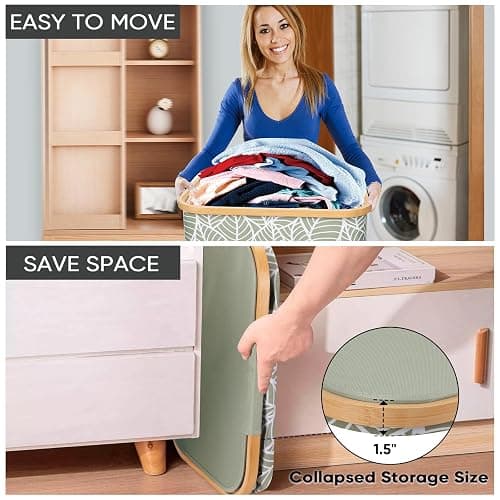 BALEINE Laundry Hamper with Lid, Tall Laundry Baskets with Bamboo Pull Handles, Large Laundry Bin with Internal Support (18 Gal/70L, Antique Foliage) thumbnail 6