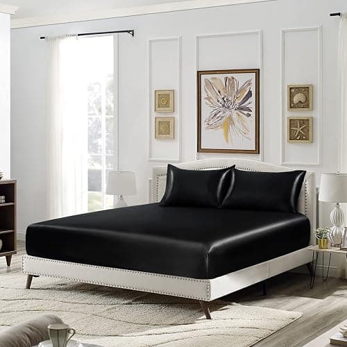 SiinvdaBZX 3-Piece Set Satin Twin Fitted Sheet & 2 Pillowcase, Black Silky Soft Fitted Bottom Sheet, Wrinkle Free, Fade Resistant, Deep Pocket Bed Sheet (Deep Up to 15") thumbnail 2