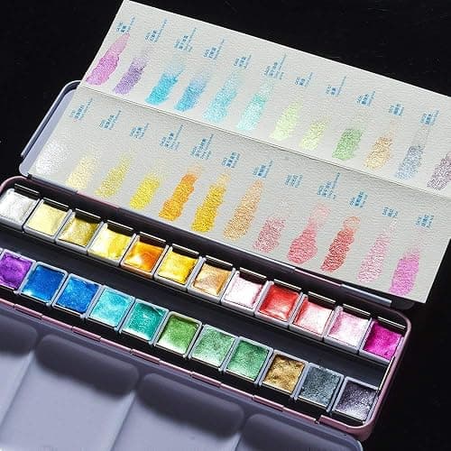 Paul Rubens Artist Watercolor Paints-Metallic Glitter Solid Colors-Pink Portable Metal Case with Palette-24 Color Set Sparkle Watercolor thumbnail 8