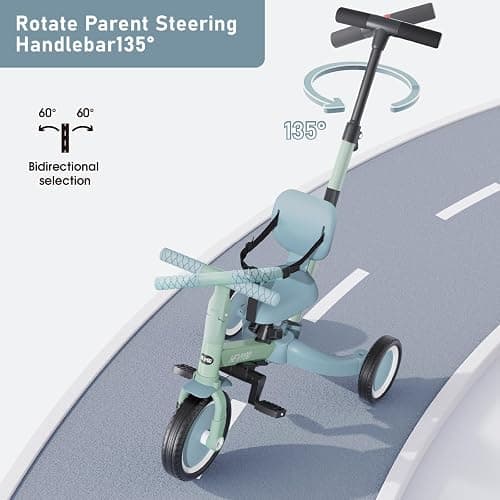 newyoo Toddler Tricycle with Push Handle for 1-3 Year Old, Toddler Bike, Birthday Gifts and Toys for Boys and Girls, 5 in 1 Kids Trike, Convert to Baby Balance Bike, Green, TR007 thumbnail 6