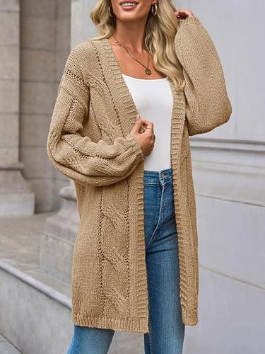 Saodimallsu Womens Fall Cable Long Cardigans Lantern Sleeve Knit Open Front Chunky Loose Fit Sweater Coats thumbnail 3