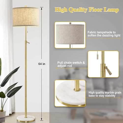GyroVu Marble Floor Lamp, Adjustable Height Standing Lamp with Marble Base Tall Lamp with Pull Chain Switch Floor Lamps for Living Room, Bedroom & Office Bulbs Not Included(Gold) thumbnail 2