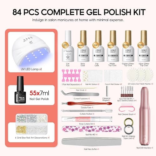 Peacecolor 83Pcs Gel Nail Polish Kit with U V Light and Drill, 56 Colors All Seasons Soak Off Gel Polish Set Cat Eye Gel with Matte/Glossy Glitter Base Top Coat Manicure Nail Kit Gifts for Women Girls thumbnail 9