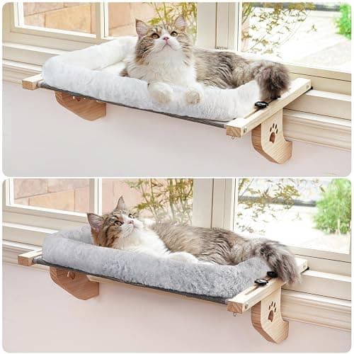 AMOSIJOY Cat Sill Window Perch Sturdy Hammock Window Seat with Cushion Bed Cover, Wood & Metal Frame for Large Cats, Easy to Adjust Cat Bed for Windowsill, Bedside, Drawer and Cabinet (M) thumbnail 4