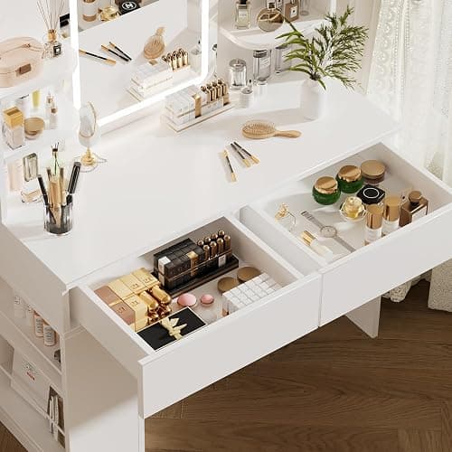 Airfish Dressing Table with LED Light,Vanity Desk with Mirror and Concealed LED Light Strip, MakeUp Desk with Two Drawers and One Sideboard,Modern (White, 90 x 40 cm) thumbnail 6