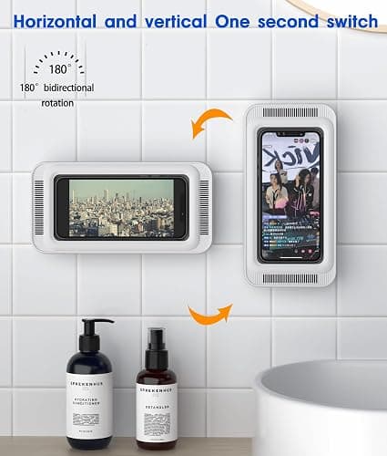 Mistriddle Waterproof Shower Phone Holder with 360° Rotation, Angle Adjustable, Enhanced Sound Quality, Wall Mounted Phone Holder for Bathroom Mirror Bathtub Kitchen, Up to 7 Inch (White) thumbnail 7